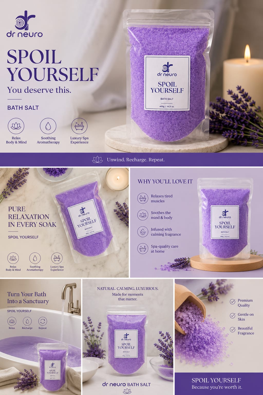Dr Neuro "Spoil Yourself" Premium Bath Salt | Relaxing Aromatherapy Spa Bath Soak | 400g